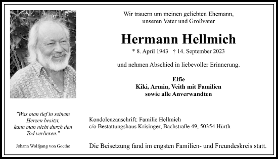 Anzeige von Hermann Hellmich von  Wochenende 