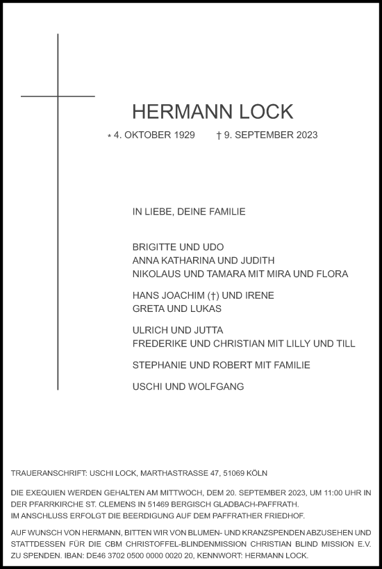 Anzeige von Hermann Lock von Kölner Stadt-Anzeiger / Kölnische Rundschau / Express