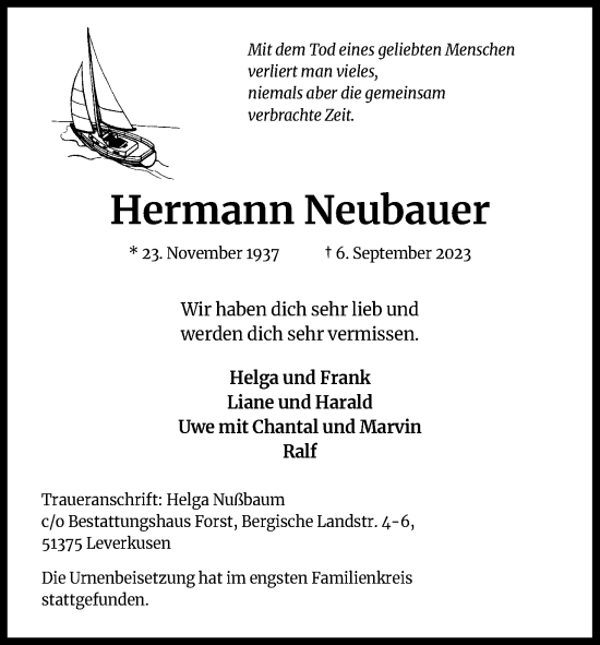 Anzeige von Hermann Neubauer von Kölner Stadt-Anzeiger / Kölnische Rundschau / Express