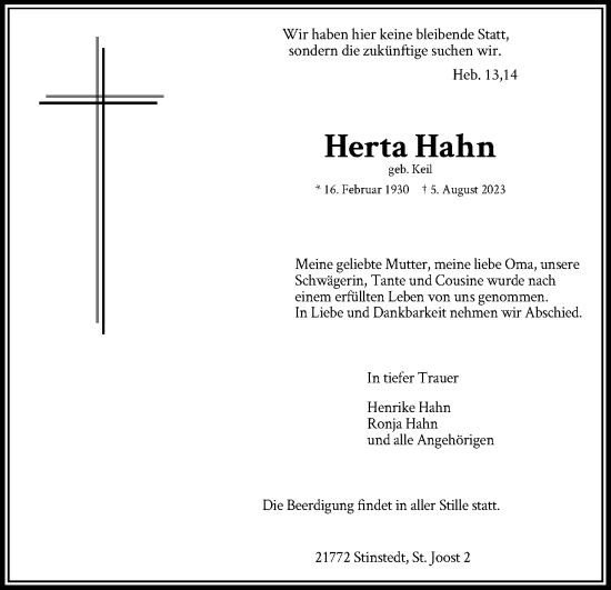 Anzeige von Herta Hahn von Kölner Stadt-Anzeiger / Kölnische Rundschau / Express