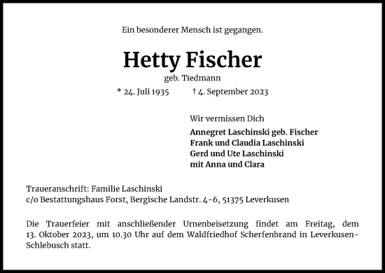 Anzeige von Hetty Fischer von Kölner Stadt-Anzeiger / Kölnische Rundschau / Express