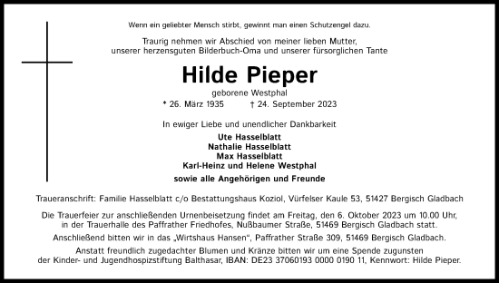 Anzeige von Hilde Pieper von Kölner Stadt-Anzeiger / Kölnische Rundschau / Express