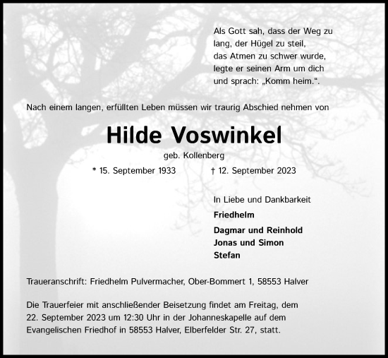 Anzeige von Hilde Voswinkel von Kölner Stadt-Anzeiger / Kölnische Rundschau / Express