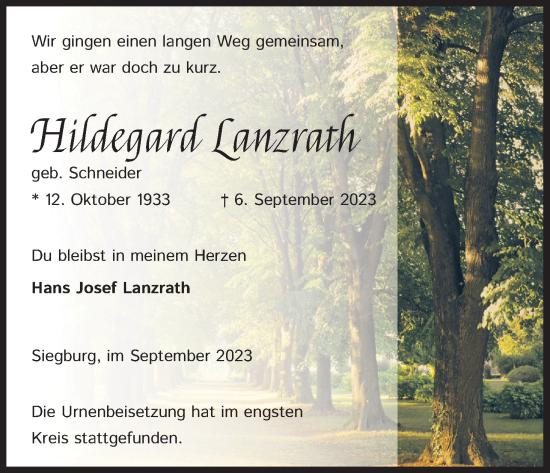 Anzeige von Hildegard Lanzrath von Kölner Stadt-Anzeiger / Kölnische Rundschau / Express
