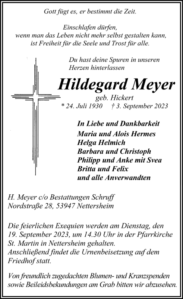  Traueranzeige für Hildegard Meyer vom 09.09.2023 aus  Blickpunkt Euskirchen 