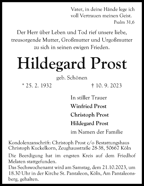 Anzeige von Hildegard Prost von Kölner Stadt-Anzeiger / Kölnische Rundschau / Express