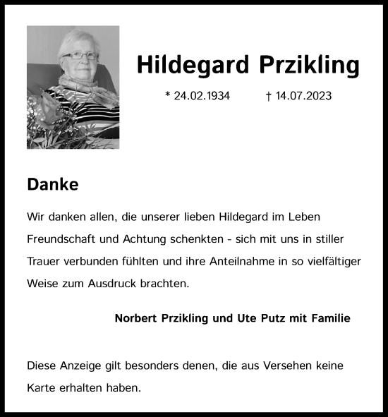 Anzeige von Hildegard Przikling von Kölner Stadt-Anzeiger / Kölnische Rundschau / Express