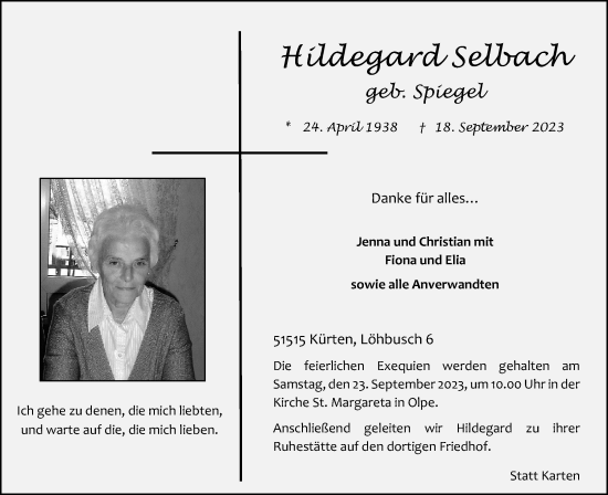 Anzeige von Hildegard Selbach von Kölner Stadt-Anzeiger / Kölnische Rundschau / Express