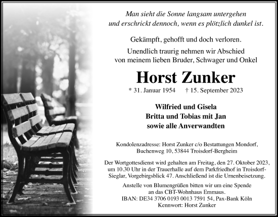 Anzeige von Horst Zunker von Kölner Stadt-Anzeiger / Kölnische Rundschau / Express