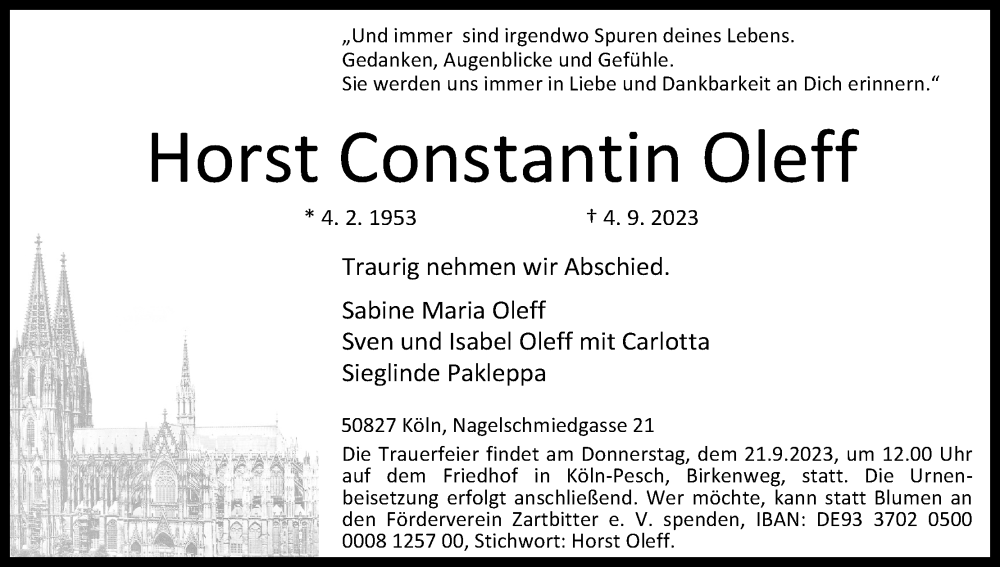  Traueranzeige für Horst Constantin Oleff vom 16.09.2023 aus Kölner Stadt-Anzeiger / Kölnische Rundschau / Express