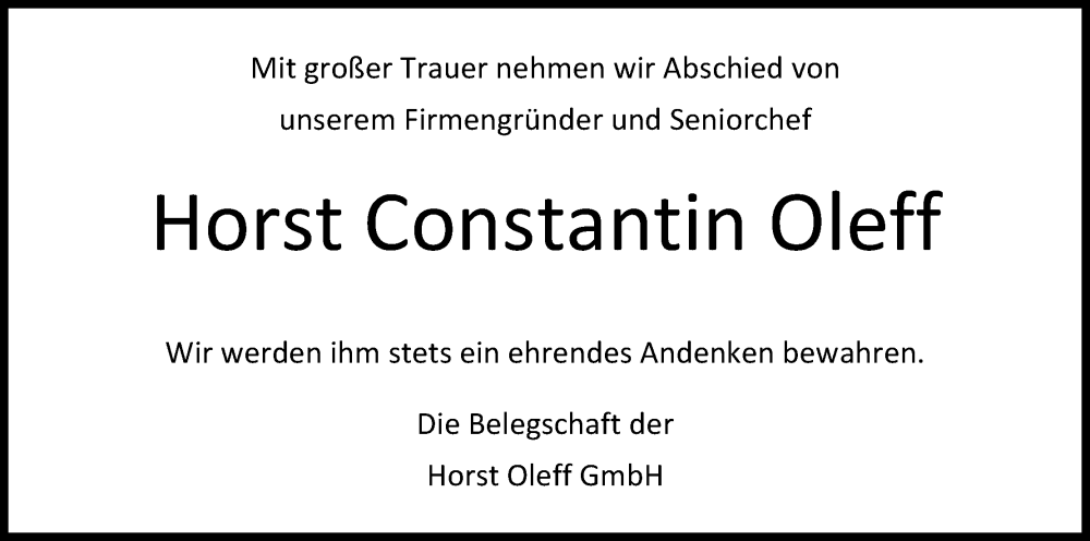  Traueranzeige für Horst Constantin Oleff vom 16.09.2023 aus Kölner Stadt-Anzeiger / Kölnische Rundschau / Express