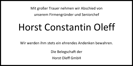 Anzeige von Horst Constantin Oleff von Kölner Stadt-Anzeiger / Kölnische Rundschau / Express