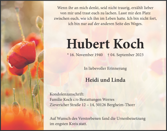 Anzeige von Hubert Koch von  Werbepost 