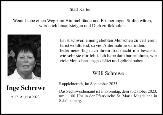Anzeige von Inge Schrewe von Kölner Stadt-Anzeiger / Kölnische Rundschau / Express