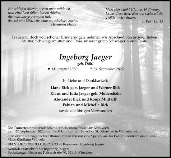 Anzeige von Ingeborg Jaeger von Kölner Stadt-Anzeiger / Kölnische Rundschau / Express