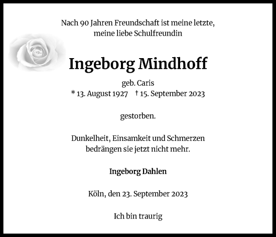 Anzeige von Ingeborg Mindhoff von Kölner Stadt-Anzeiger / Kölnische Rundschau / Express