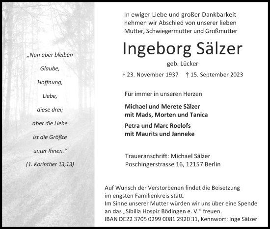 Anzeige von Ingeborg Sälzer von Kölner Stadt-Anzeiger / Kölnische Rundschau / Express