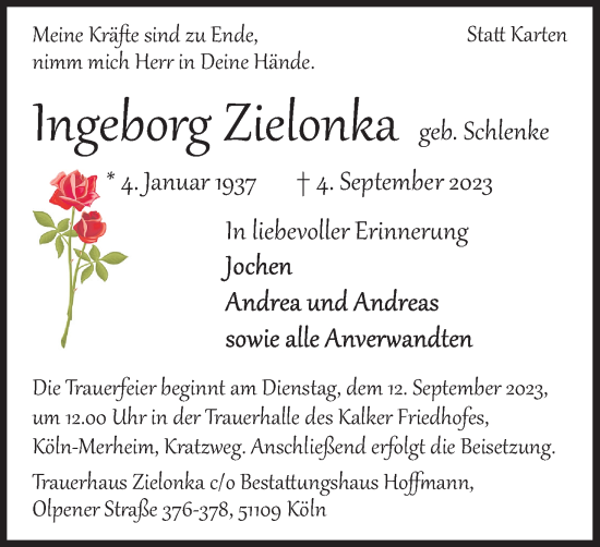Anzeige von Ingeborg Zielonka von Kölner Stadt-Anzeiger / Kölnische Rundschau / Express