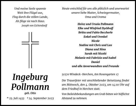 Anzeige von Ingeburg Pollmann von Kölner Stadt-Anzeiger / Kölnische Rundschau / Express