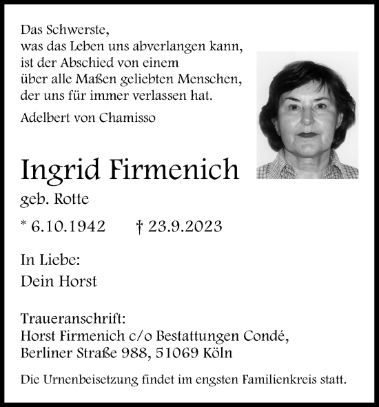 Anzeige von Ingrid Firmenich von Kölner Stadt-Anzeiger / Kölnische Rundschau / Express