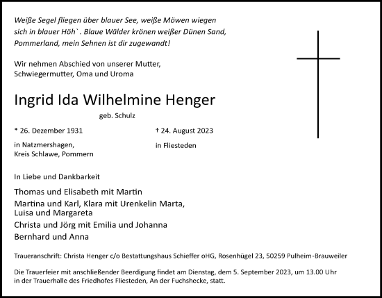 Anzeige von Ingrid Ida Wilhelmine Henger von Kölner Stadt-Anzeiger / Kölnische Rundschau / Express
