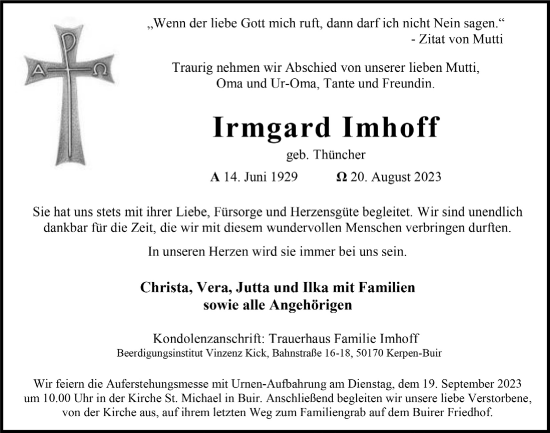 Anzeige von Irmgard Imhoff von  Werbepost 
