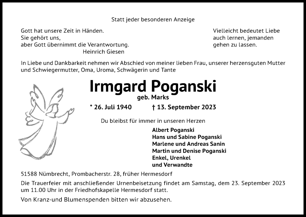  Traueranzeige für Irmgard Poganski vom 16.09.2023 aus Kölner Stadt-Anzeiger / Kölnische Rundschau / Express