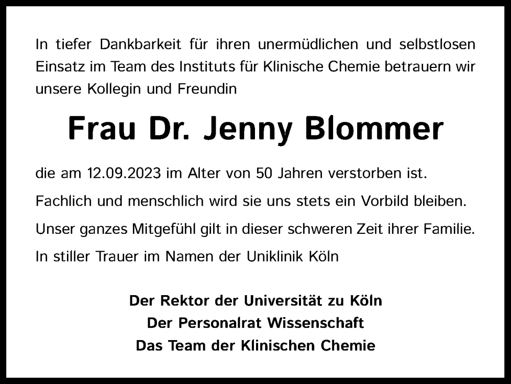  Traueranzeige für Jenny Blommer vom 30.09.2023 aus Kölner Stadt-Anzeiger / Kölnische Rundschau / Express