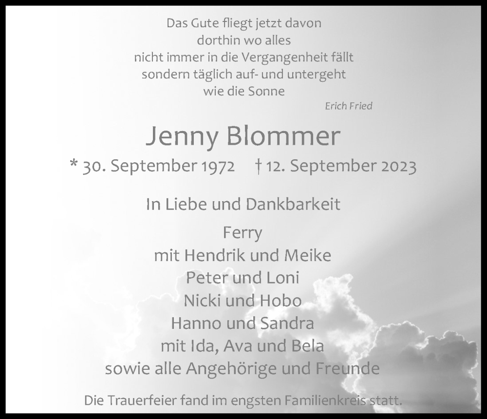  Traueranzeige für Jenny Blommer vom 23.09.2023 aus Kölner Stadt-Anzeiger / Kölnische Rundschau / Express
