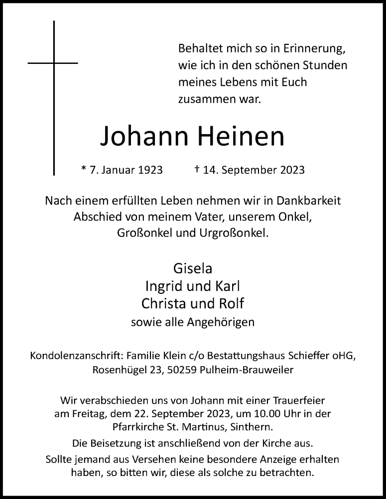  Traueranzeige für Johann Heinen vom 16.09.2023 aus Kölner Stadt-Anzeiger / Kölnische Rundschau / Express