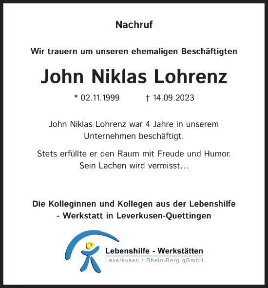 Anzeige von John Niklas Lohrenz von Kölner Stadt-Anzeiger / Kölnische Rundschau / Express