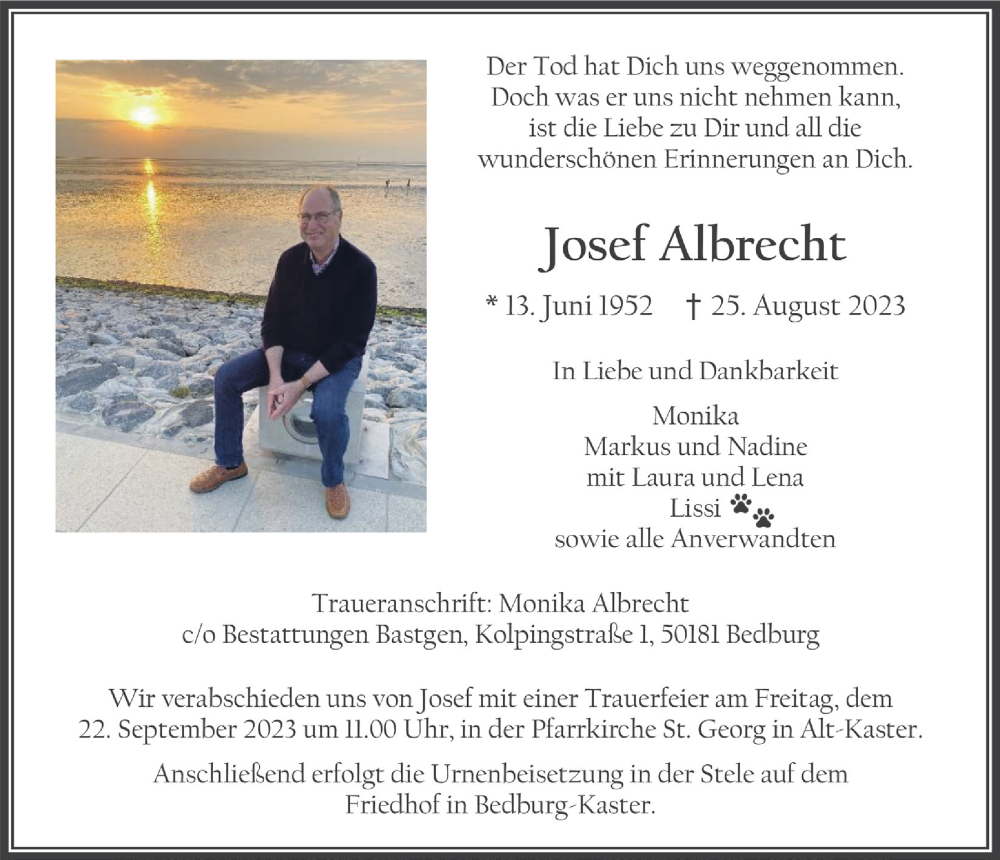  Traueranzeige für Josef Albrecht vom 15.09.2023 aus  Werbepost 