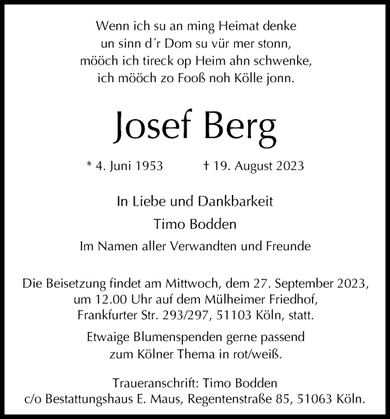 Anzeige von Josef Berg von Kölner Stadt-Anzeiger / Kölnische Rundschau / Express