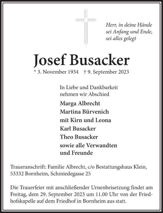 Anzeige von Josef Busacker von  Schaufenster/Blickpunkt 