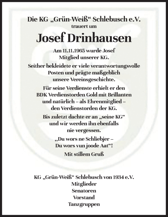 Anzeige von Josef Drinhausen von Kölner Stadt-Anzeiger / Kölnische Rundschau / Express