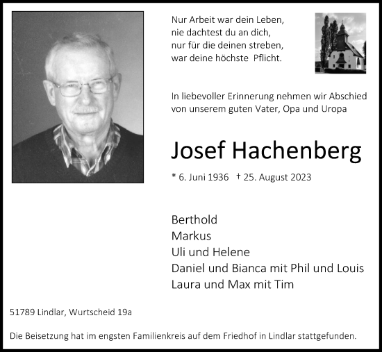 Anzeige von Josef Hachenberg von Kölner Stadt-Anzeiger / Kölnische Rundschau / Express