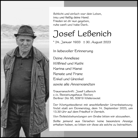 Anzeige von Josef Leßenich von  Blickpunkt Euskirchen 