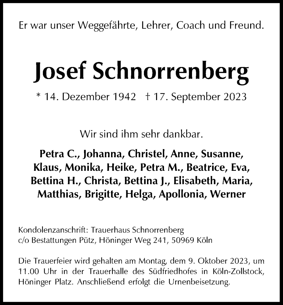  Traueranzeige für Josef Schnorrenberg vom 30.09.2023 aus Kölner Stadt-Anzeiger / Kölnische Rundschau / Express