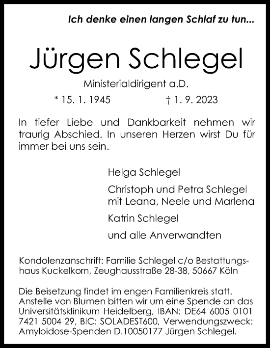 Anzeige von Jürgen Schlegel von Kölner Stadt-Anzeiger / Kölnische Rundschau / Express