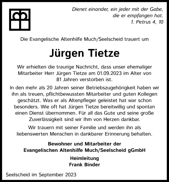 Anzeige von Jürgen Tietze von Kölner Stadt-Anzeiger / Kölnische Rundschau / Express