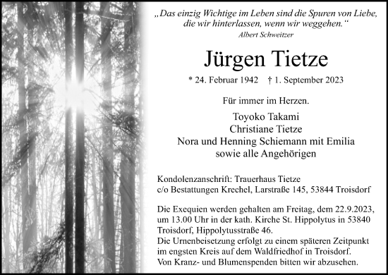 Anzeige von Jürgen Tietze von Kölner Stadt-Anzeiger / Kölnische Rundschau / Express