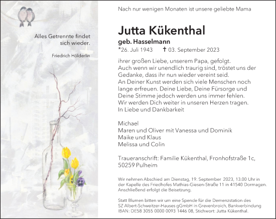 Anzeige von Jutta Kükenthal von Kölner Stadt-Anzeiger / Kölnische Rundschau / Express