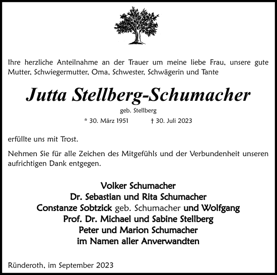 Anzeige von Jutta Stellberg-Schumacher von Kölner Stadt-Anzeiger / Kölnische Rundschau / Express
