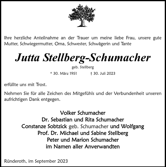 Anzeige von Jutta Stellberg-Schumacher von  Anzeigen Echo 
