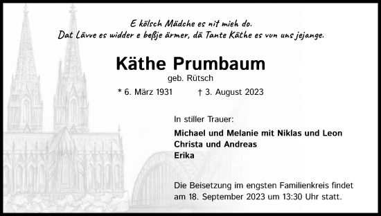 Anzeige von Käthe Prumbaum von Kölner Stadt-Anzeiger / Kölnische Rundschau / Express