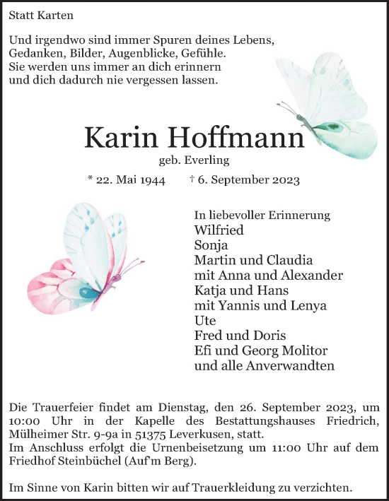 Anzeige von Karin Hoffmann von Kölner Stadt-Anzeiger / Kölnische Rundschau / Express