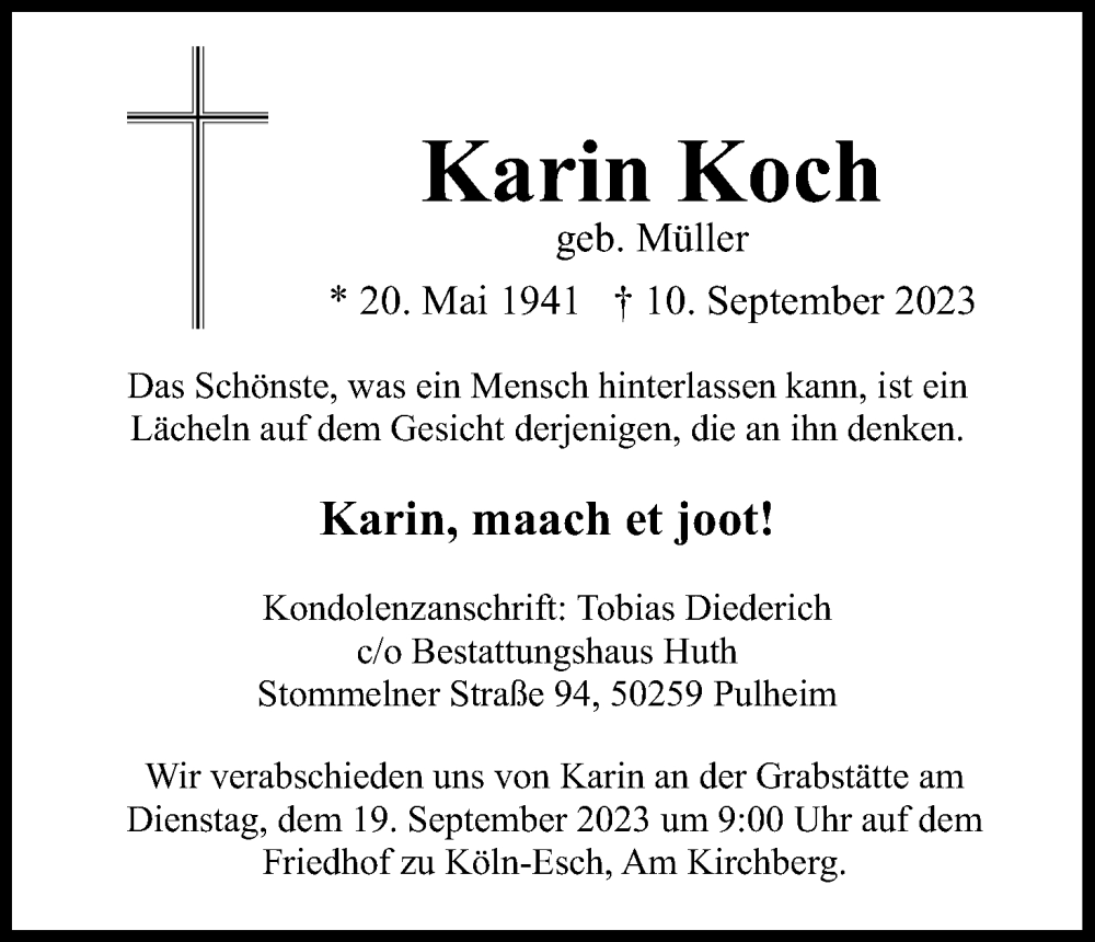  Traueranzeige für Karin Koch vom 16.09.2023 aus Kölner Stadt-Anzeiger / Kölnische Rundschau / Express