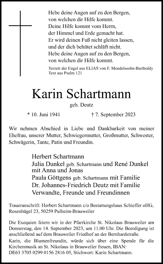 Anzeige von Karin Schartmann von Kölner Stadt-Anzeiger / Kölnische Rundschau / Express