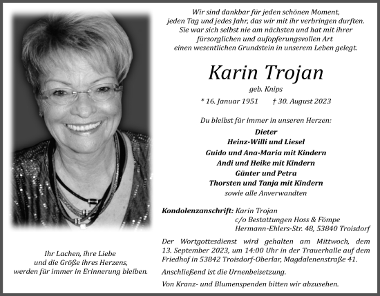 Anzeige von Karin Trojan von Kölner Stadt-Anzeiger / Kölnische Rundschau / Express