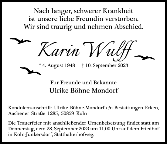 Anzeige von Karin Wulff von Kölner Stadt-Anzeiger / Kölnische Rundschau / Express